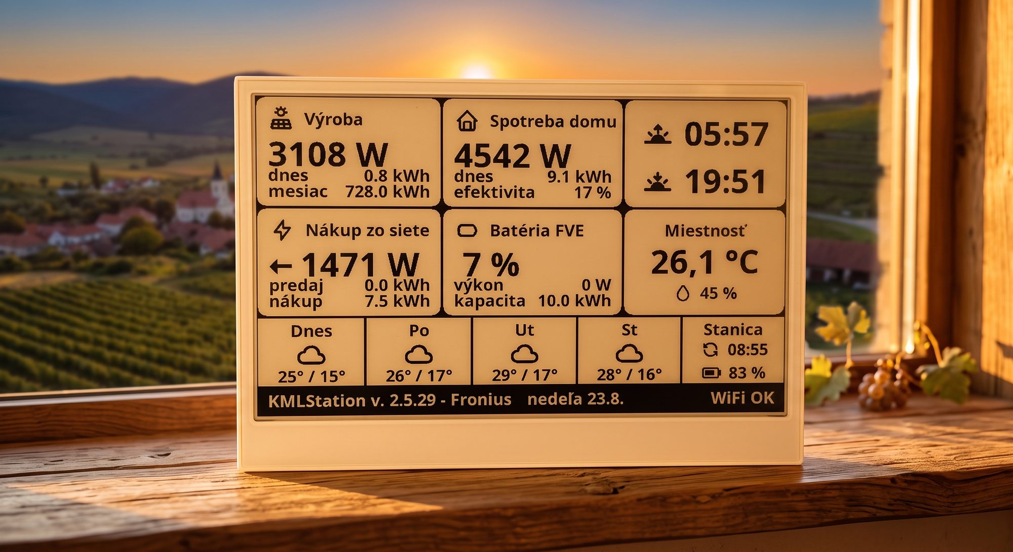 KMLStation na drevenom parapete pri okne s výhľadom na vinice — displej ukazuje výrobu, spotrebu, nákup zo siete, batériu, teplotu v miestnosti a počasie